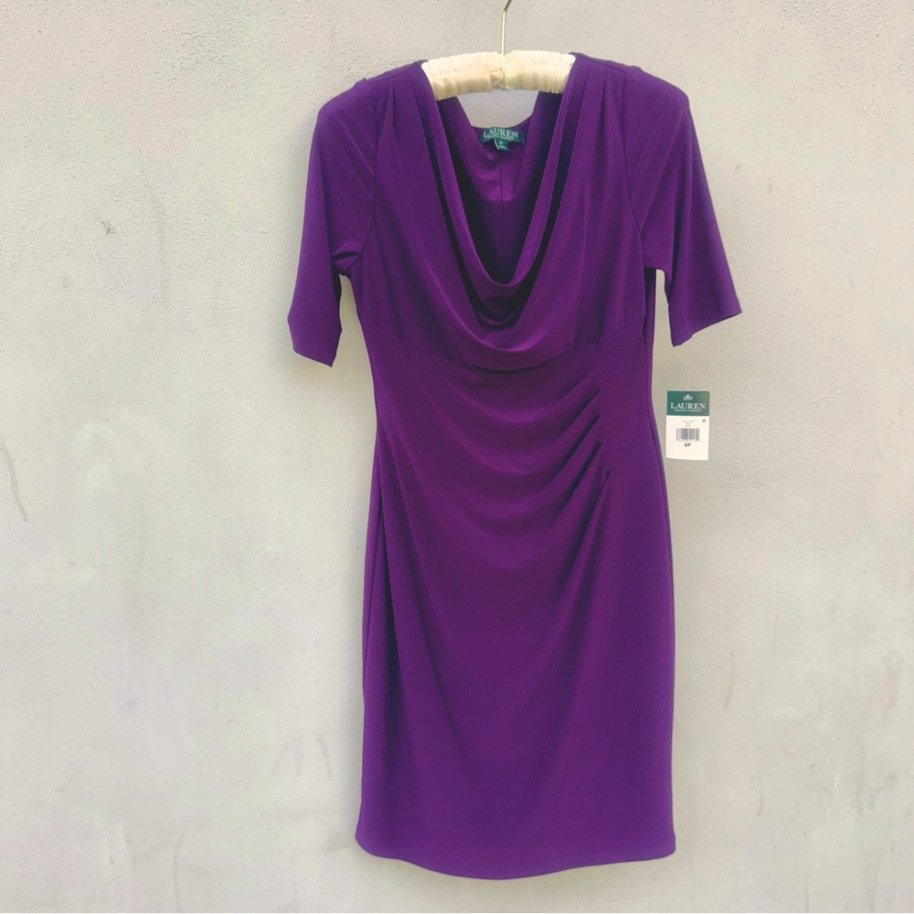 💜 Petite 8 Ralph Lauren Cowl Neck Draped Dress Jersey Sleeve Carleton Grad